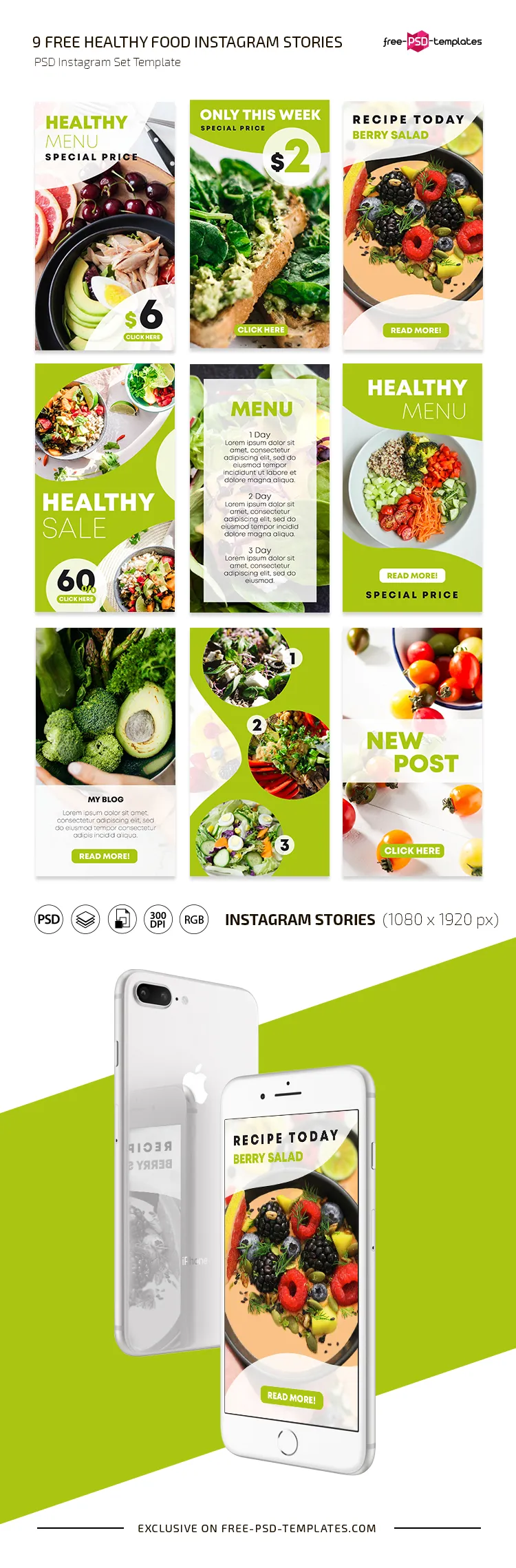 Free Healthy Food Instagram Stories Set Template in PSD – Editable & Customizable