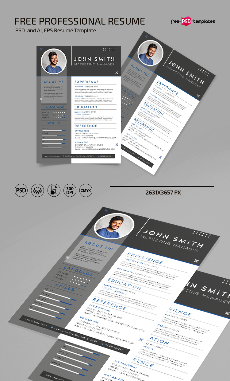 Free Professional Resume Template in PSD + Vector (.ai, .eps) – Download Now