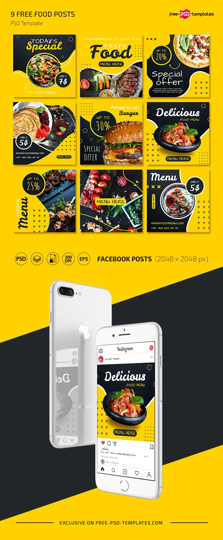 Free Food Instagram Posts Set Templates in PSD + Vector (.ai+.eps)
